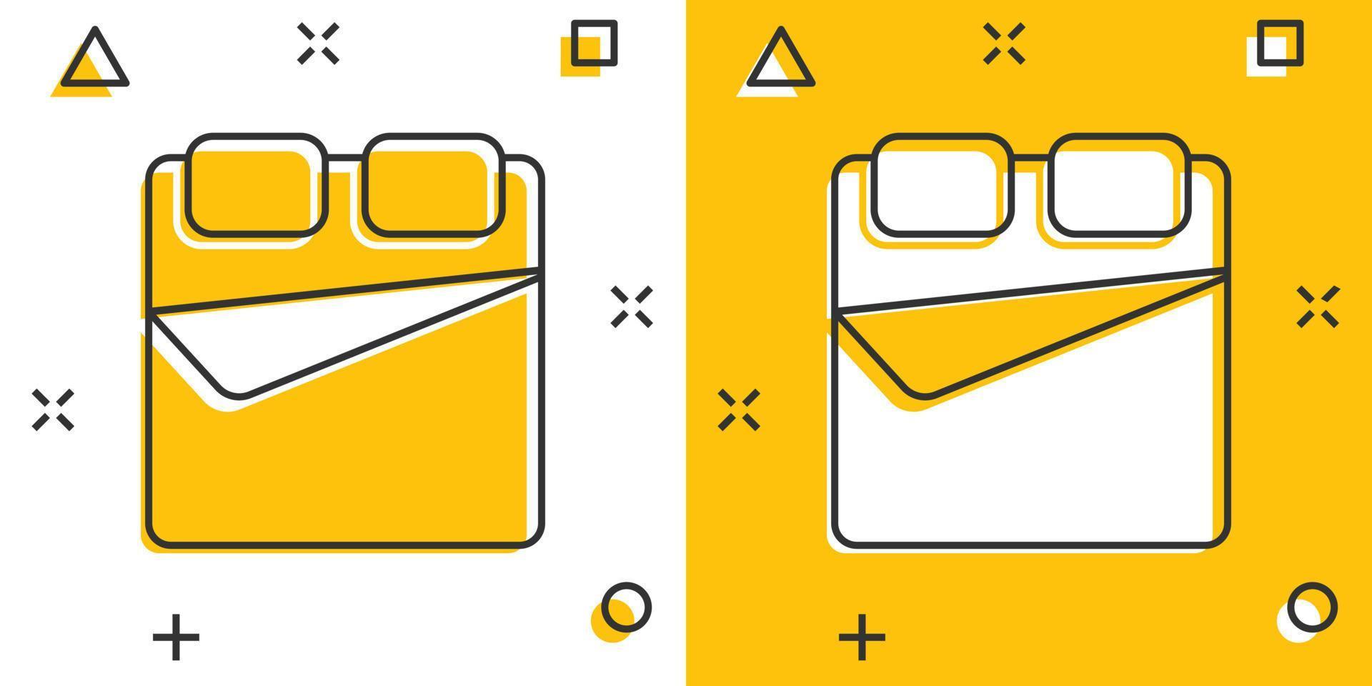 ícone de cama em estilo cômico. quarto dos desenhos animados sinal ilustração vetorial no fundo branco isolado. conceito de negócio de efeito de respingo de cama. vetor