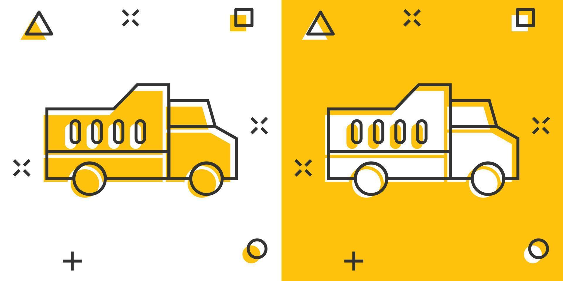 ícone do caminhão de entrega em estilo cômico. ilustração em vetor van dos desenhos animados no fundo branco isolado. conceito de negócio de efeito de respingo de carro de carga.