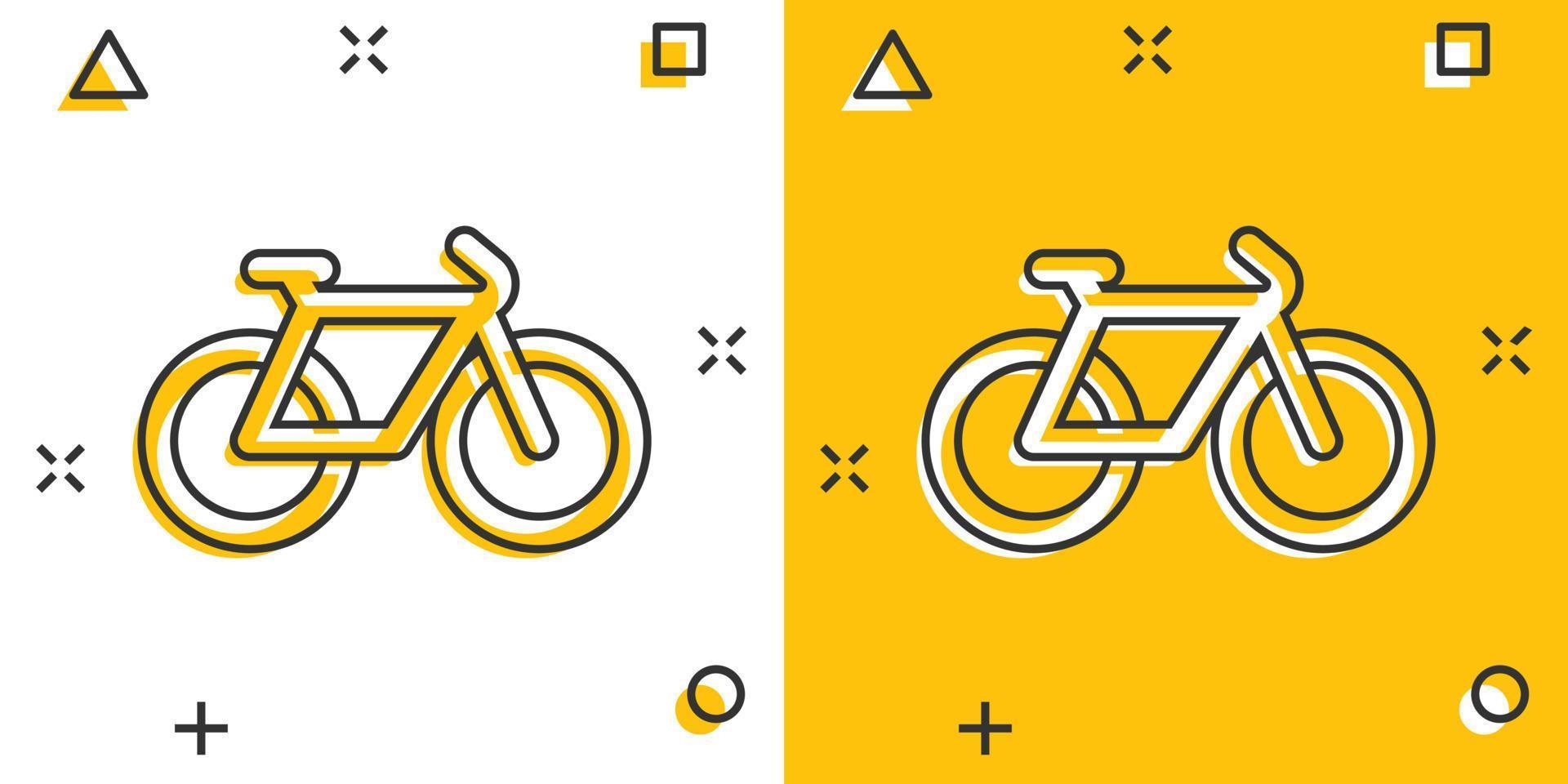 ícone de bicicleta em estilo cômico. ilustração em vetor bicicleta dos desenhos animados no fundo branco isolado. conceito de negócio de efeito de respingo de viagem de ciclo.