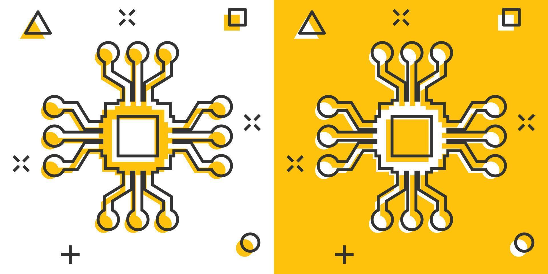 ícone de chip de computador em estilo cômico. placa de circuito cartoon ilustração vetorial sobre fundo branco isolado. conceito de negócio de efeito de respingo de processador cpu. vetor