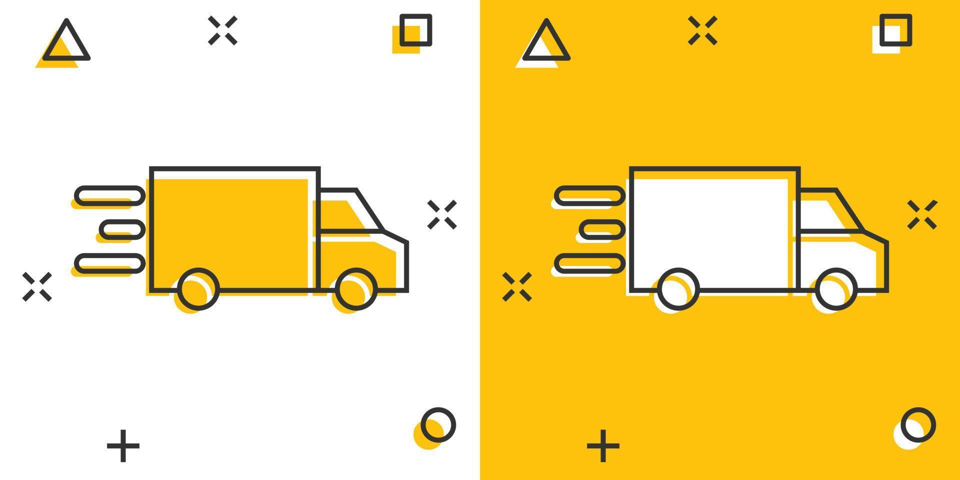 ícone de caminhão em estilo cômico. ilustração em vetor entrega automática dos desenhos animados no fundo branco isolado. conceito de negócio de efeito de respingo de automóvel de caminhão.