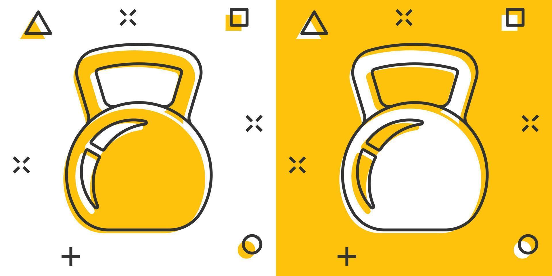 ícone de kettlebell em estilo cômico. ilustração em vetor barra esporte equipamento dos desenhos animados no fundo branco isolado. conceito de negócio de efeito de respingo de haltere.