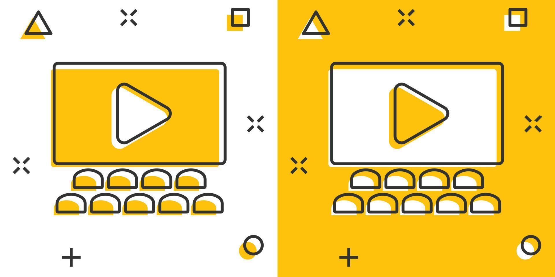 ícone do filme em estilo cômico. ilustração em vetor filme dos desenhos animados sobre fundo branco isolado. conceito de negócio de efeito de respingo de teatro de cinema.