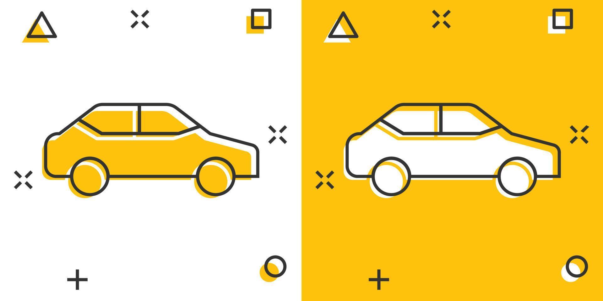 ícone do carro em estilo cômico. ilustração em vetor automóvel veículo dos desenhos animados no fundo branco isolado. conceito de negócio de efeito de respingo de sedan.