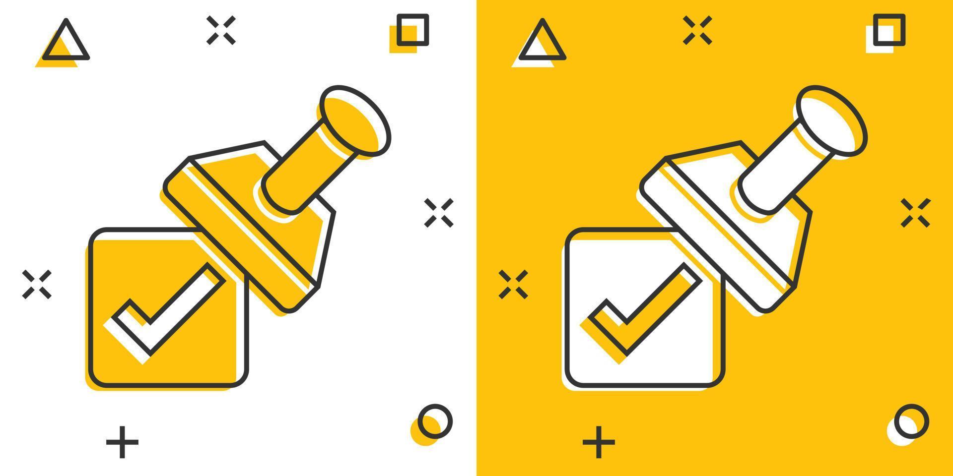 aprove o ícone do carimbo em estilo cômico. aceite a ilustração vetorial dos desenhos animados de marca de seleção no fundo branco isolado. conceito de negócio de efeito de respingo de escolha de aprovação. vetor