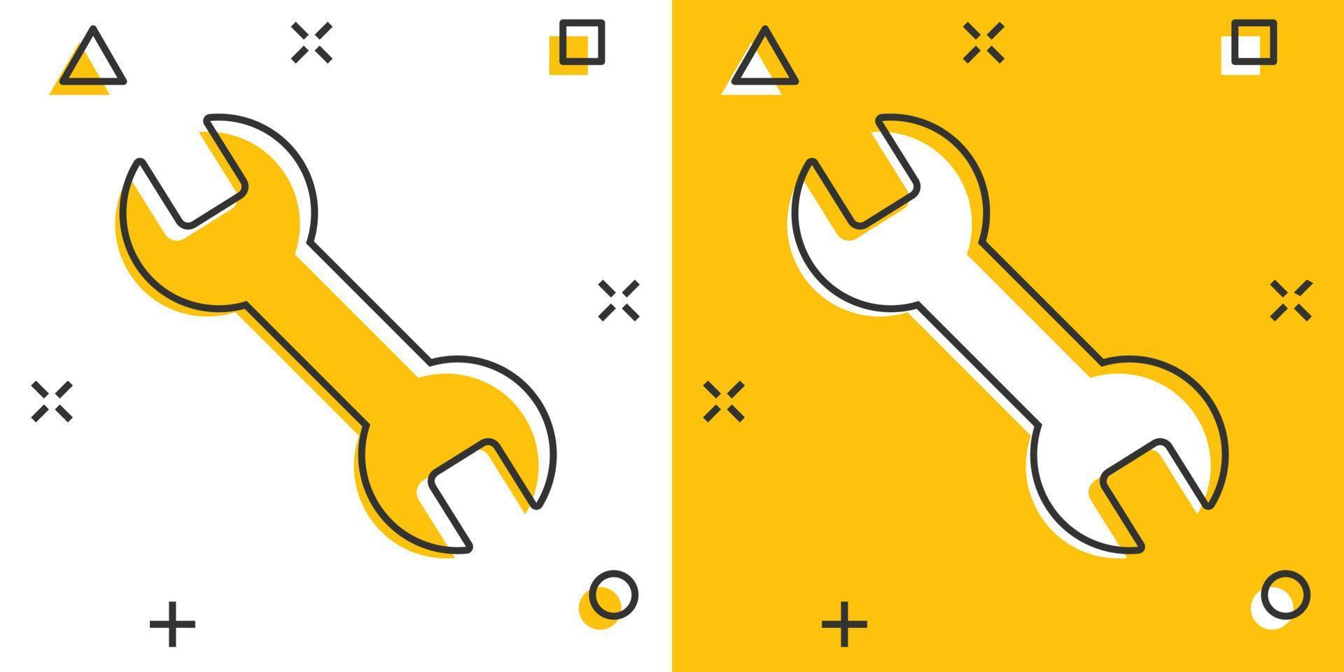 ícone de chave inglesa em estilo cômico. ilustração em vetor chave inglesa dos desenhos animados sobre fundo branco isolado. conceito de negócio de efeito de respingo de equipamento de reparo.