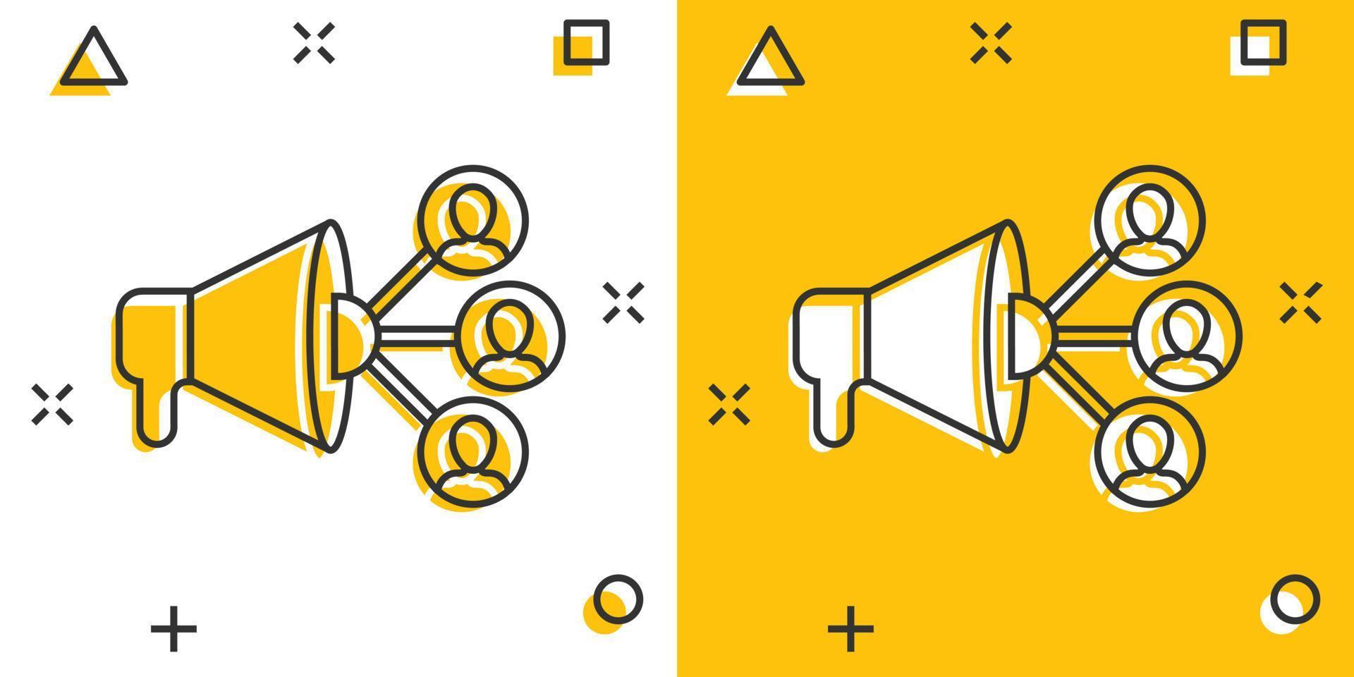 ícone de mídia social em estilo cômico. ilustração em vetor marketing dos desenhos animados em fundo branco isolado. megafone com conceito de negócio de efeito de respingo de pessoas.