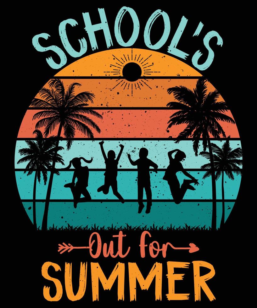 design de camiseta de verão fora da escola, camiseta de verão retrô vintage por do sol para crianças vetor