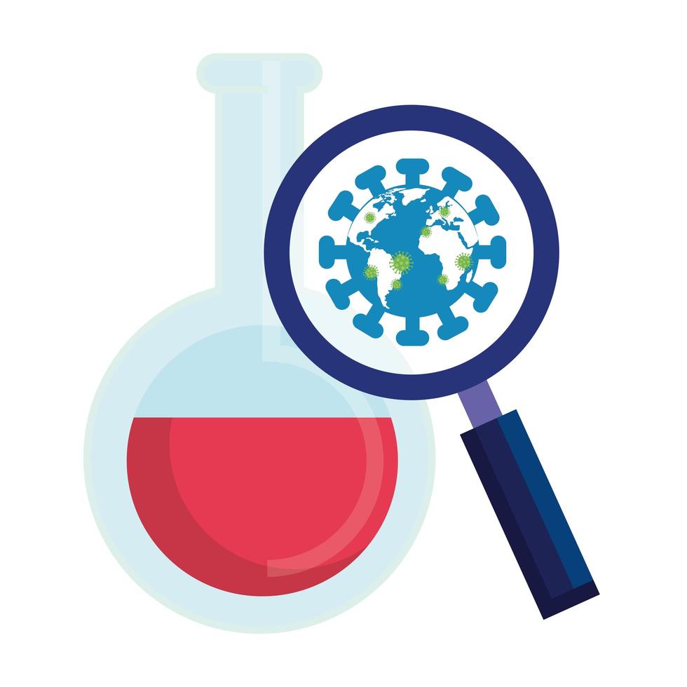 planeta mundial com partículas cobertas por 19 em lupa e tubo de teste vetor