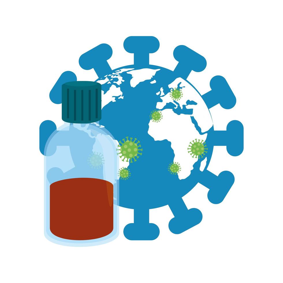 planeta mundial com partículas covid 19 e remédio em frasco vetor