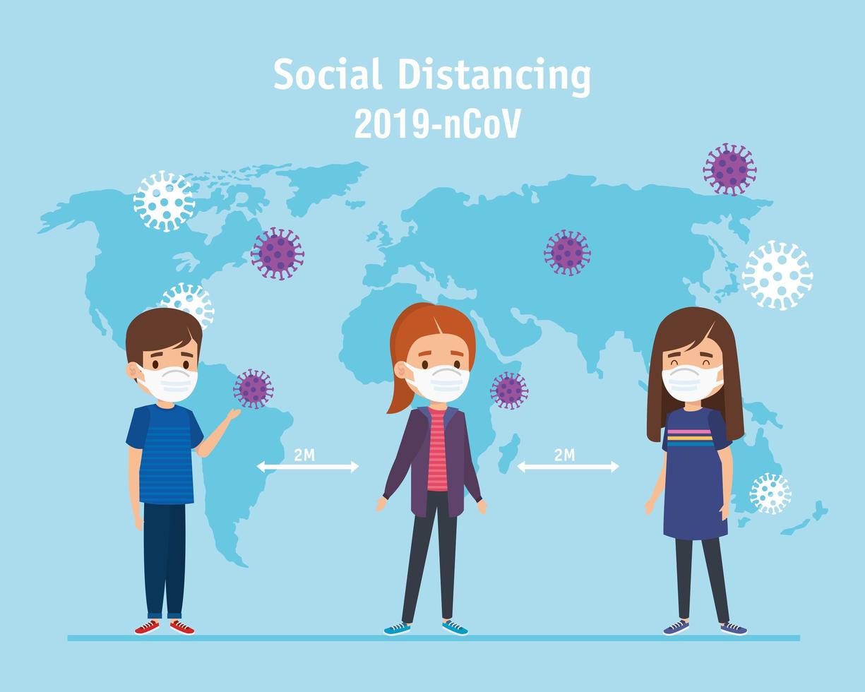 campanha de distanciamento social para ncov 2019 com crianças usando máscara facial vetor