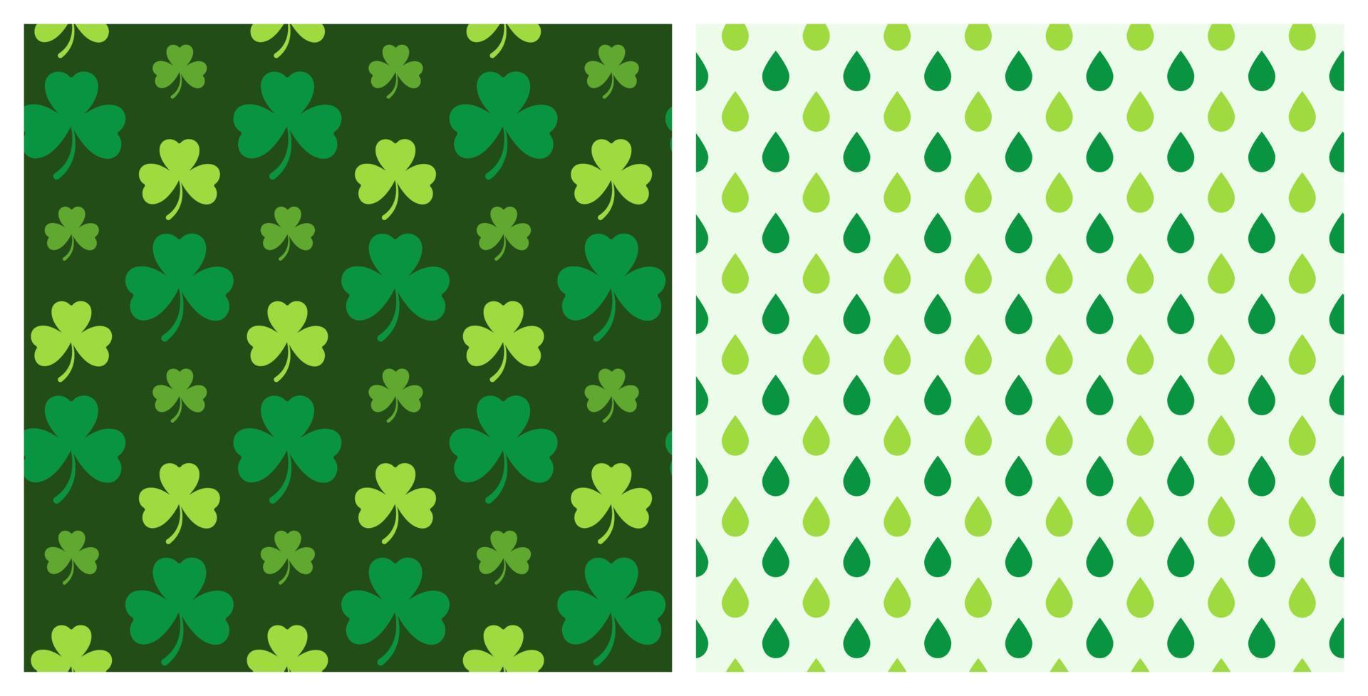 st. dia de patricks conjunto de dois padrões decorativos sem costura de folhas de trevo e pingos de chuva verdes. design desenhado à mão para st. celebração do dia do arroz, decoração de festa, papel de parede, scrapbooking, têxtil. vetor