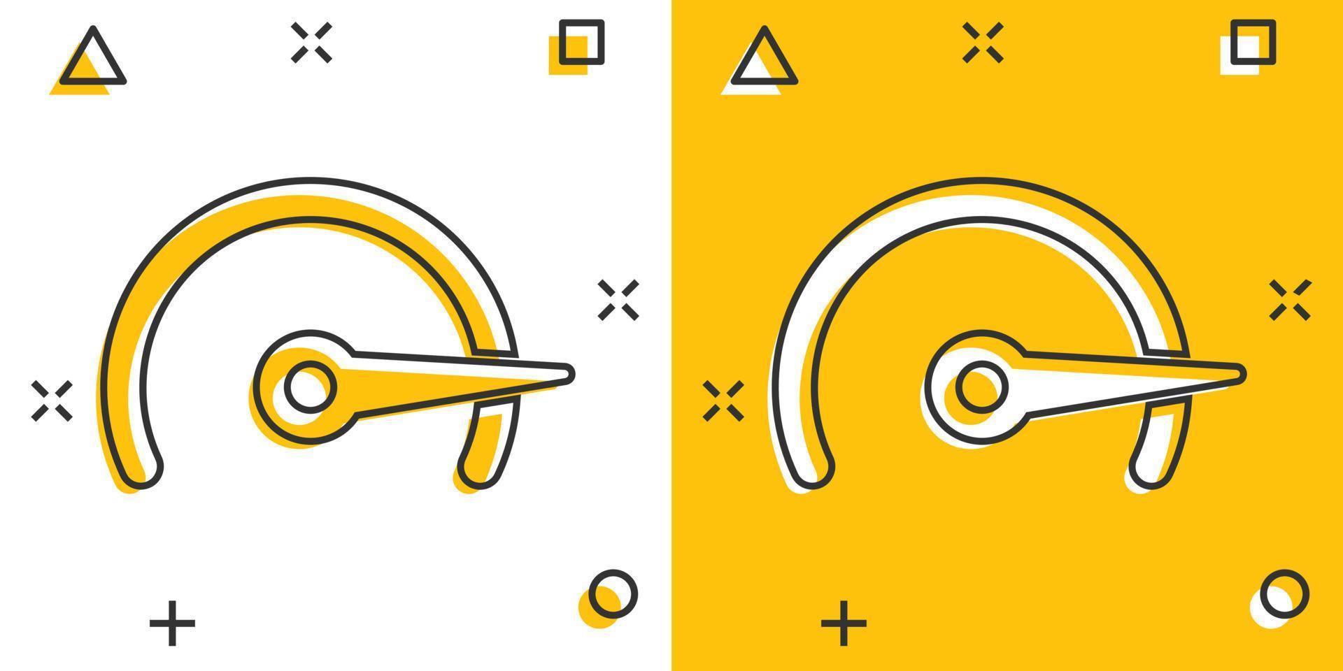 ícone de sinal de nível do velocímetro em estilo cômico. acelere a ilustração dos desenhos animados do vetor no fundo branco isolado. efeito de respingo de conceito de negócio de tacômetro de movimento.