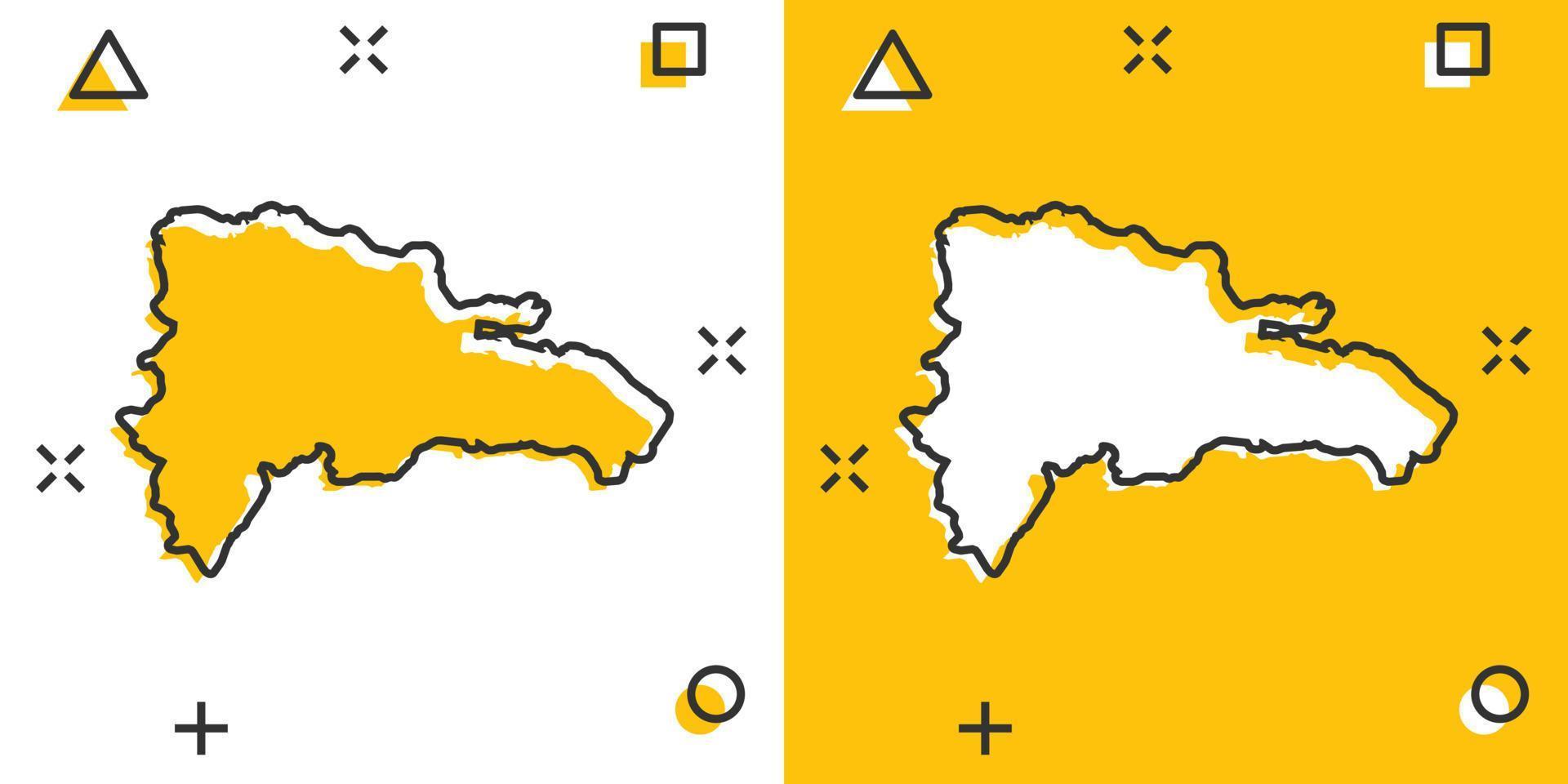 ícone do mapa da república dominicana dos desenhos animados vetoriais em estilo cômico. pictograma de ilustração de sinal da república dominicana. conceito de efeito de respingo de negócios de mapa de cartografia. vetor