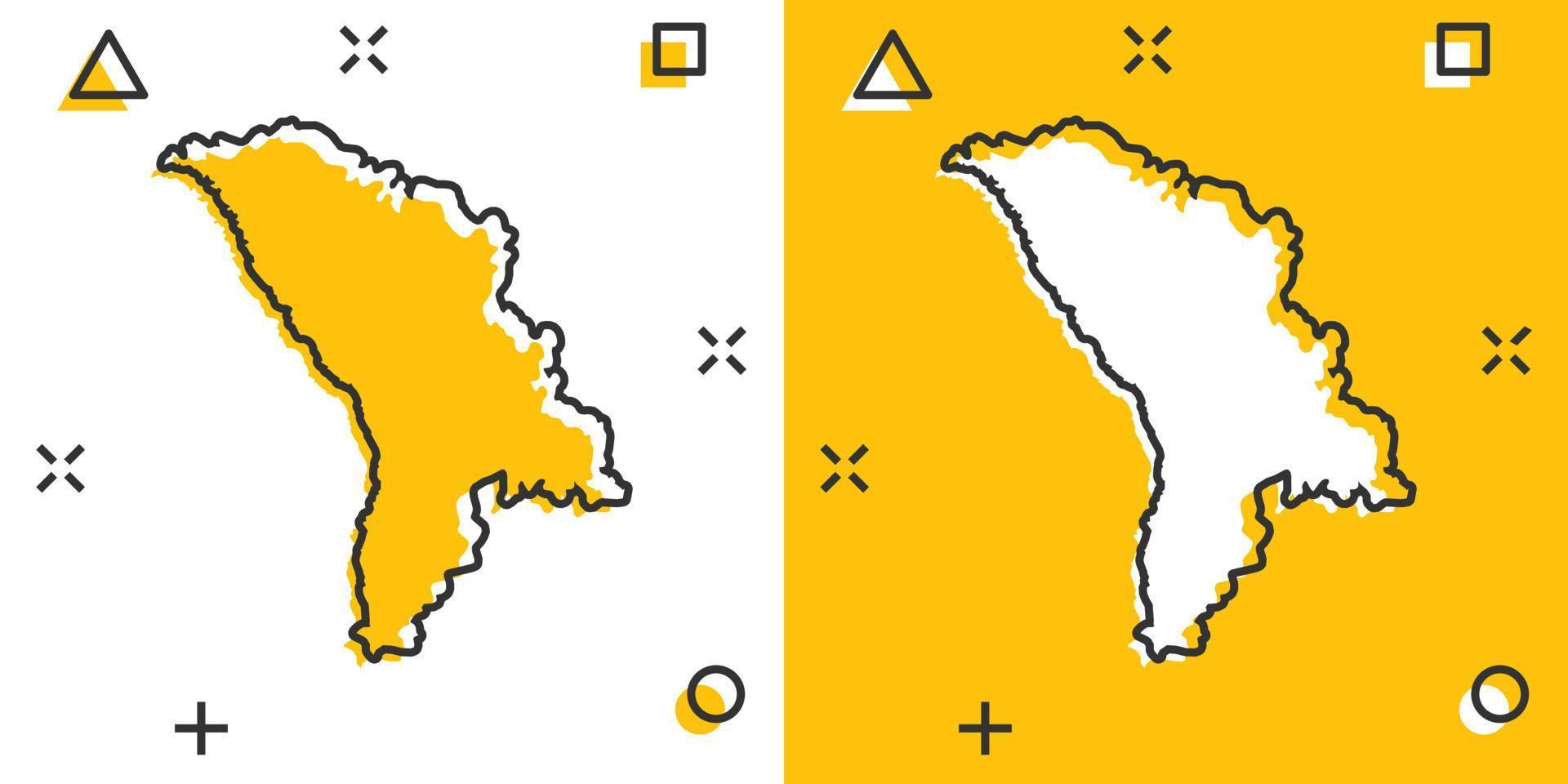 ícone do mapa da Moldávia dos desenhos animados vetoriais em estilo cômico. pictograma de ilustração de sinal de moldávia. conceito de efeito de respingo de negócios de mapa de cartografia. vetor