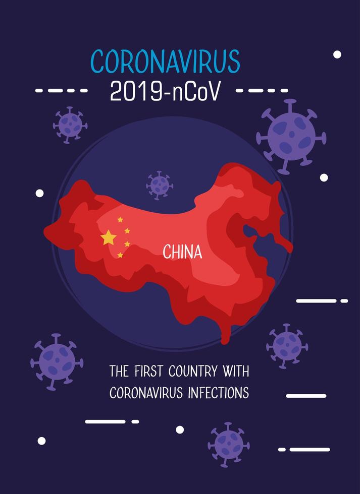 mapa da china com bandeira e partículas covid19 vetor