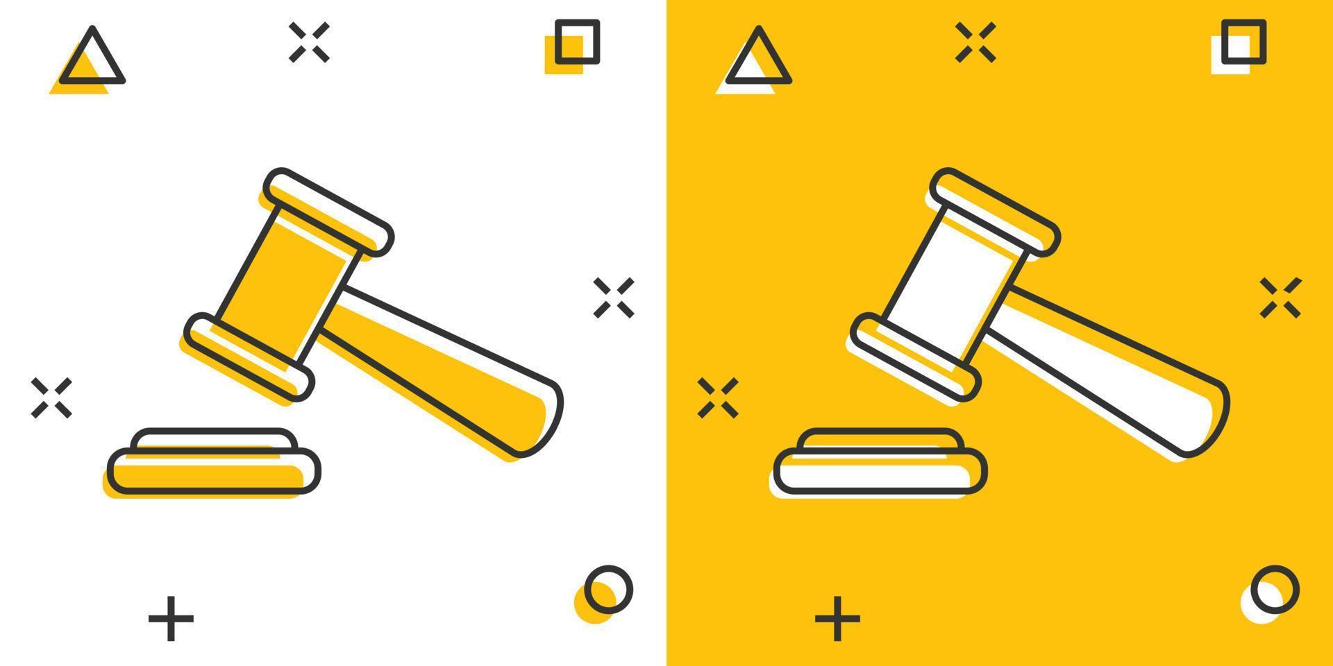 ícone de martelo de leilão de desenho vetorial em estilo cômico. tribunal tribunal sinal ilustração pictograma. conceito de efeito de respingo de negócios de martelo. vetor