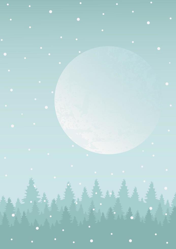 lua de fantasia na ilustração da paisagem de inverno. floresta ao entardecer e montes de neve. pôster vetorial vetor