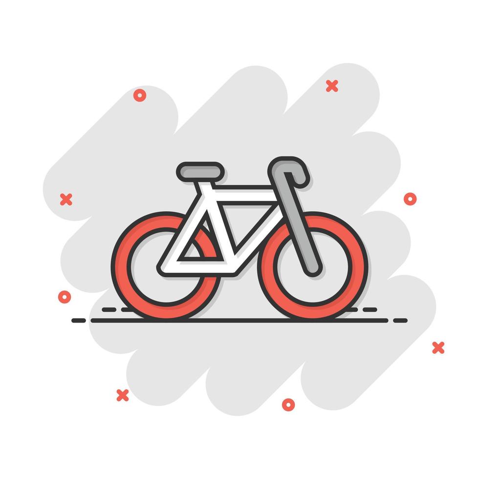 ícone de bicicleta em estilo cômico. ilustração em vetor bicicleta dos desenhos animados no fundo branco isolado. conceito de negócio de efeito de respingo de viagem de ciclo.