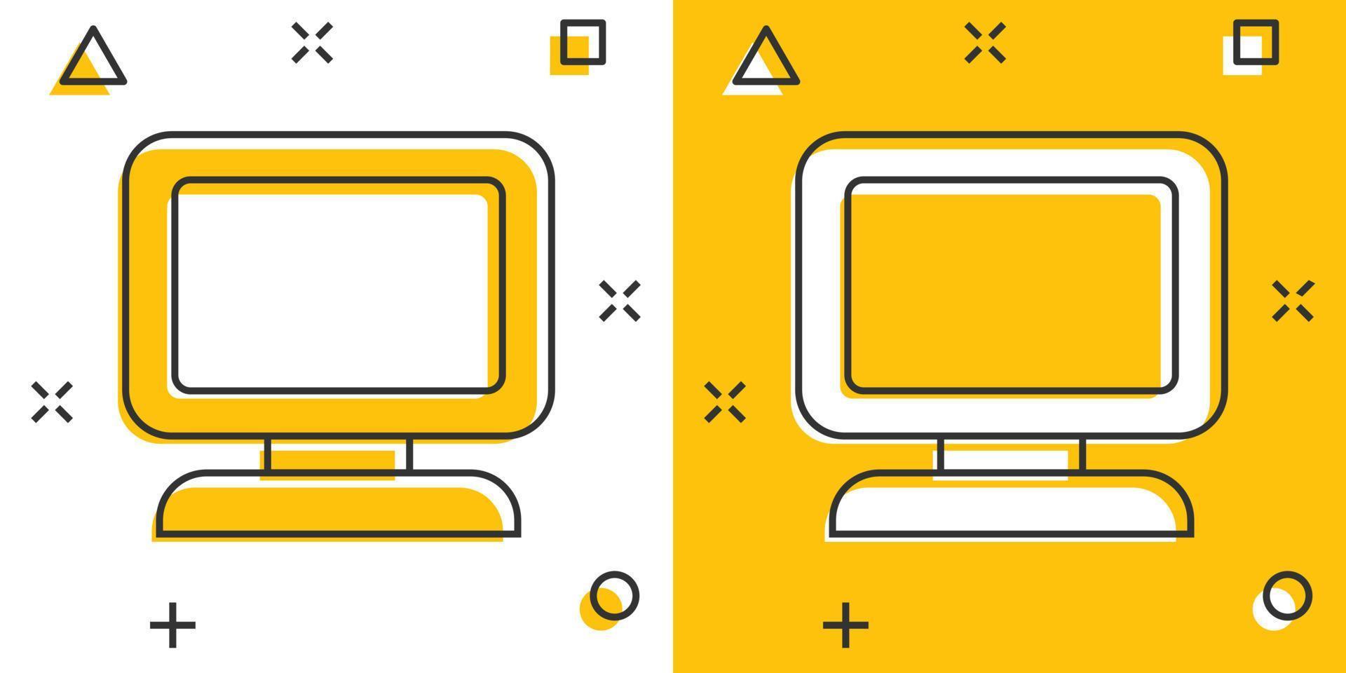 ícone de computador de desenho vetorial em estilo cômico. pictograma de ilustração de sinal de monitor. conceito de efeito de respingo de negócios pc. vetor