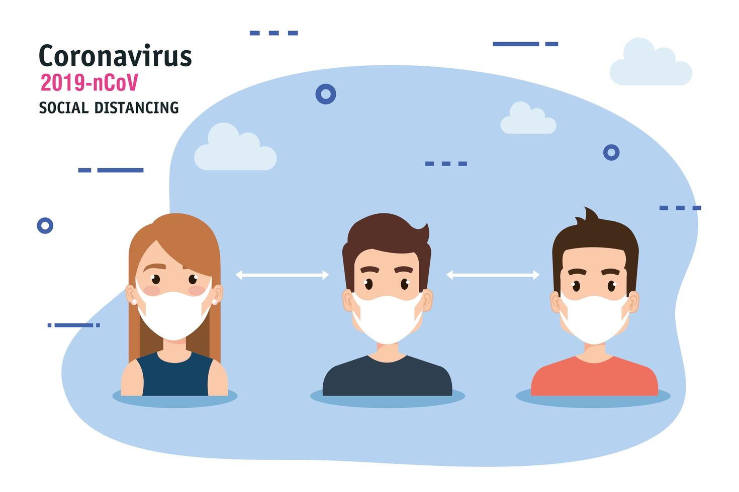 pessoas usando máscara facial e distanciamento social para cobiçar 19 vetor