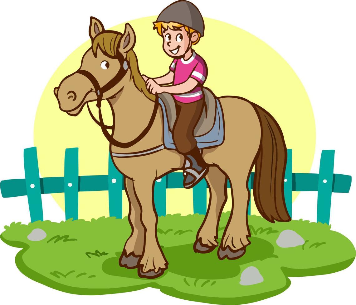 vetor de desenho animado de menino andando a cavalo