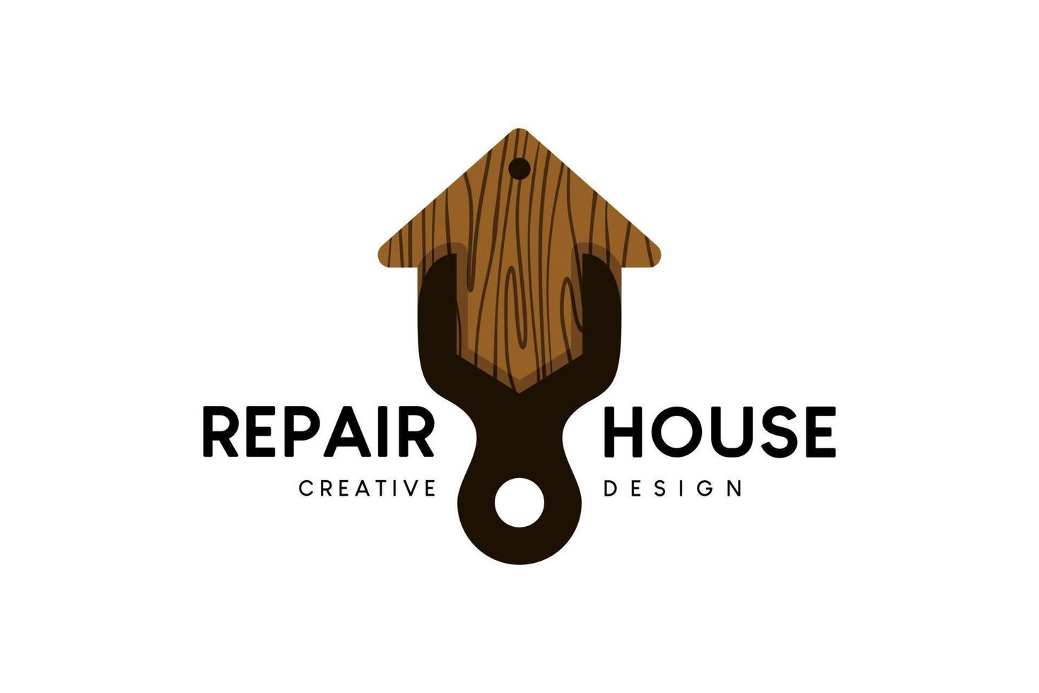 logotipo de reparo doméstico ou renovação doméstica com uma combinação de um ícone de chave inglesa e um ícone de casa de madeira vetor
