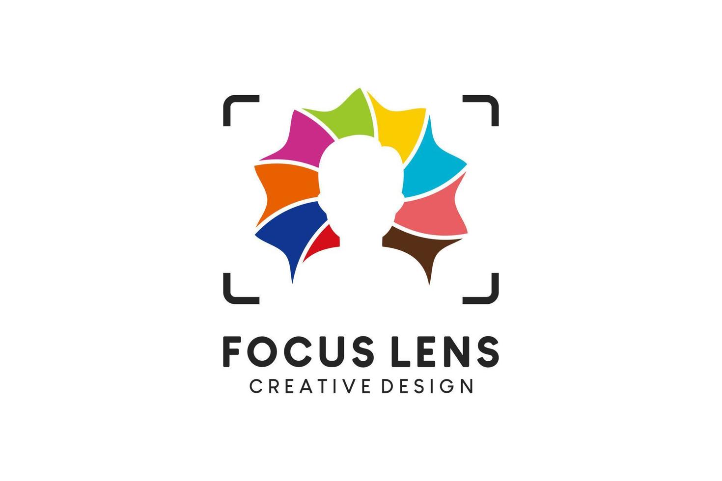 design de logotipo de fotografia, ícone de lente de fotografia com estilo de foco de silhueta de pessoas vetor