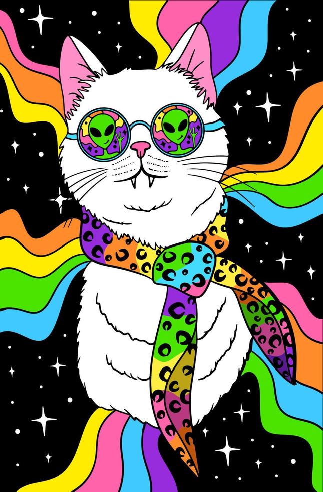 gato branco groovy psicodélico em óculos de sol, viagem espacial retrô vetor