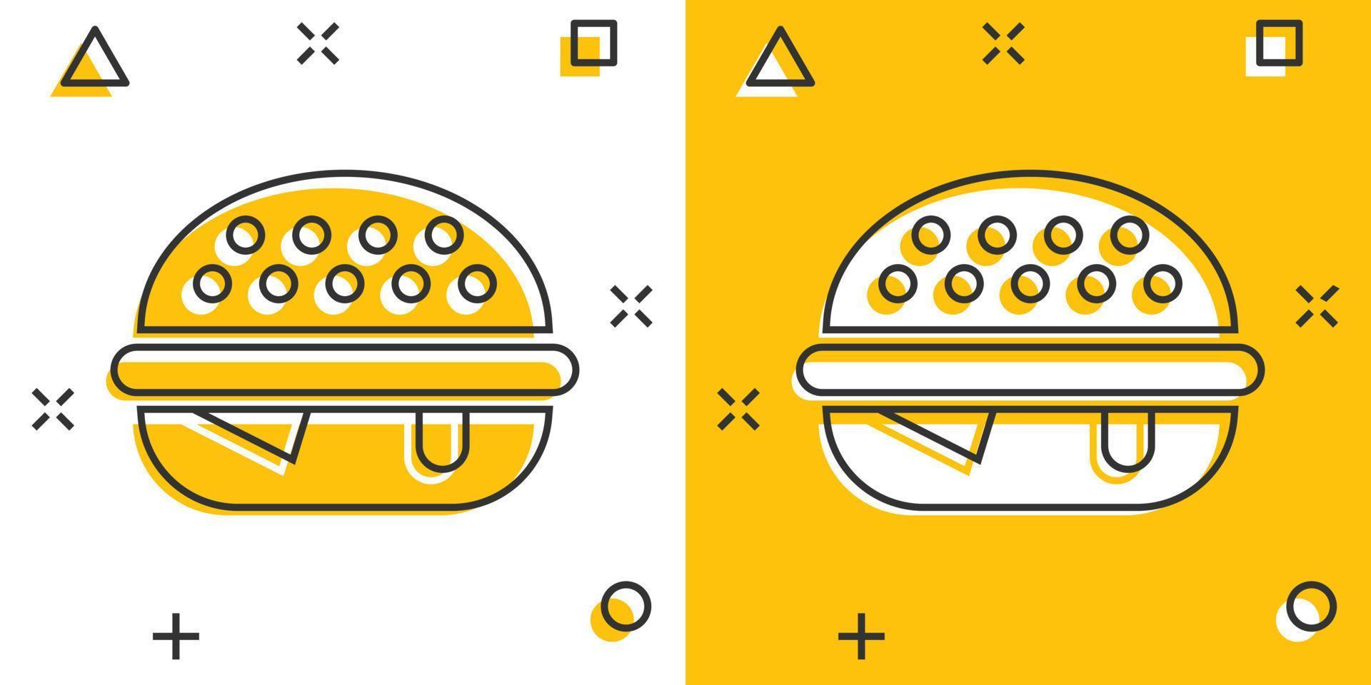 ícone de sinal de hambúrguer em estilo cômico. ilustração dos desenhos animados do vetor hambúrguer em fundo branco isolado. efeito de respingo de conceito de negócio de cheeseburger.