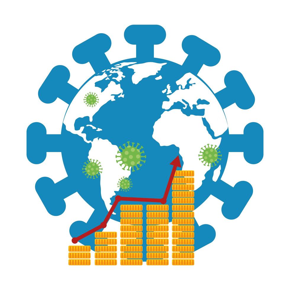 planeta Terra com covid19 partículas e setas estatísticas em moedas vetor