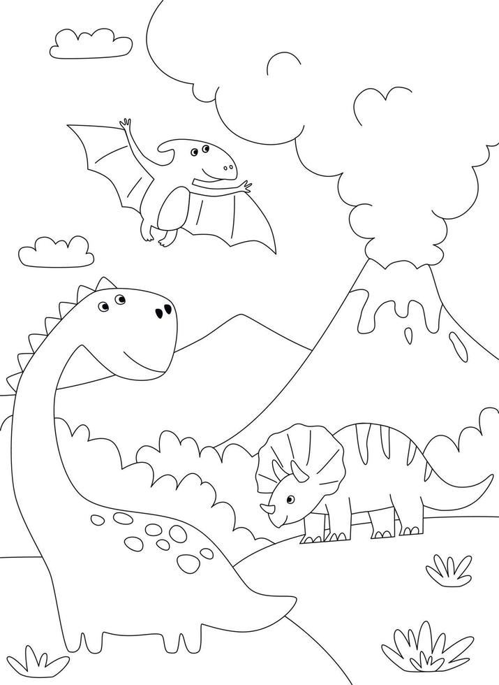 um desenho de dinossauro bonito animal fundo paisagem pré-histórica coloração cena de esboço. página para colorir imprimível vetorial para crianças em estilo cartoon vetor