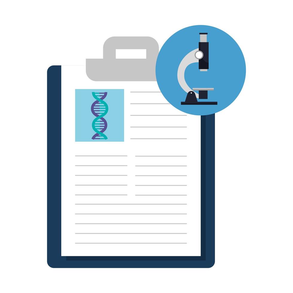 microscópio com estrutura de dna e prancheta vetor