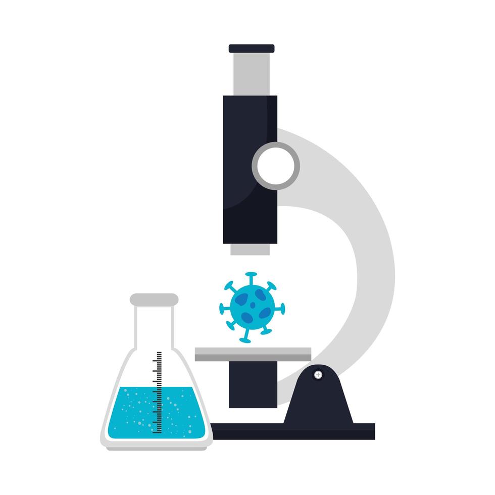 microscópio com partícula de covid 19 e tubo de teste vetor