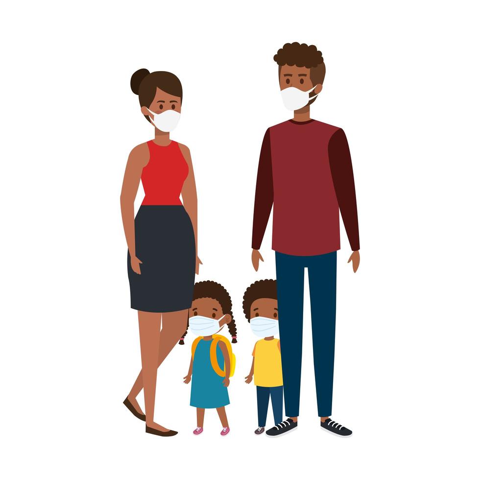 pais com filhos afro usando máscara facial vetor