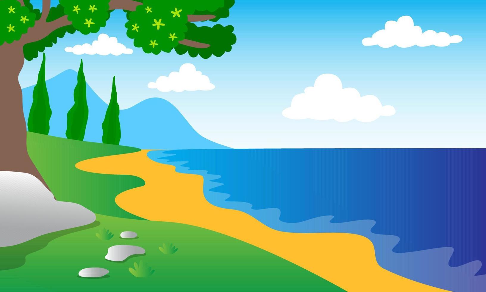 ilustração de paisagem natural, praia, mar azul, árvores, prado, rochas, flores, céu azul e nuvens, ilustração de livro infantil, pôster, site, aplicativo móvel vetor