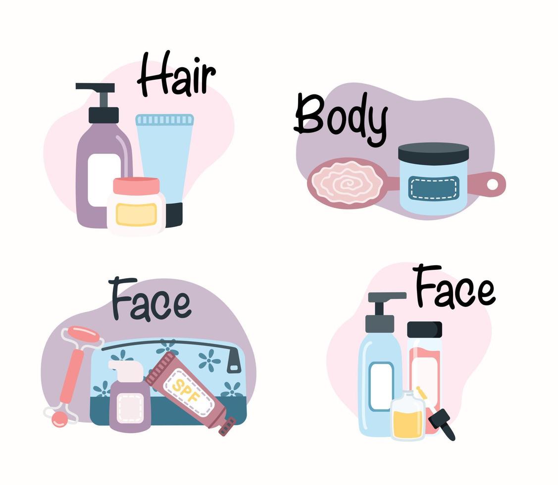 conjunto de elementos de produtos cosméticos. ferramentas para beleza, corpo, cabelo, cuidados com a pele. ilustração vetorial vetor
