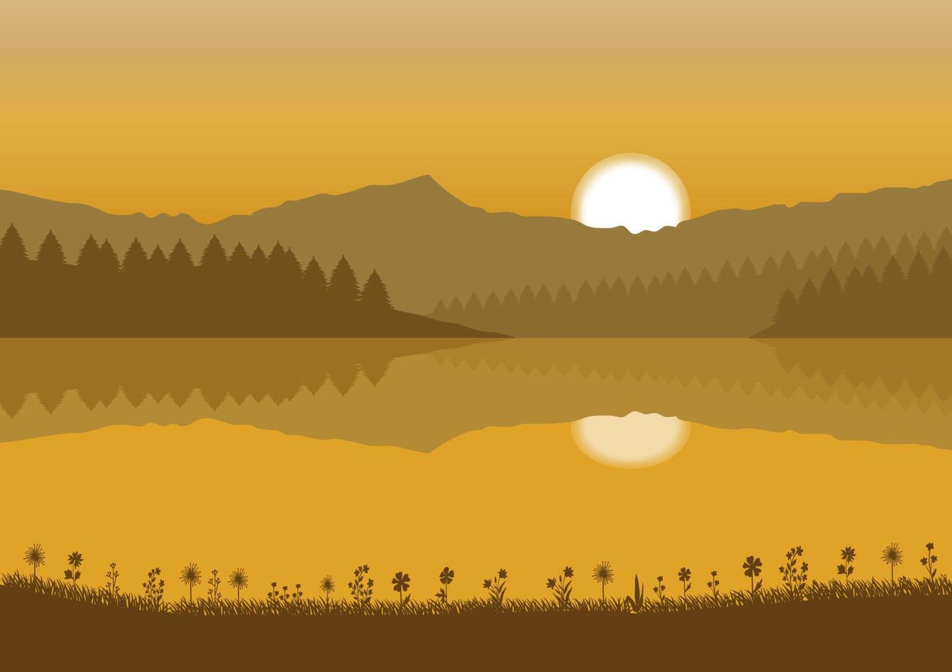 ilustração de um pôr do sol sobre um lago com montanhas e lago ao fundo vetor