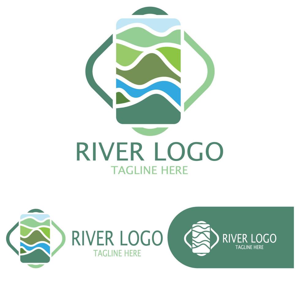 logotipos de rios, riachos, margens de rios e córregos, afluentes, margens de rios com uma combinação de montanhas e terras agrícolas com um conceito de design vetorial minimalista moderno e simples vetor