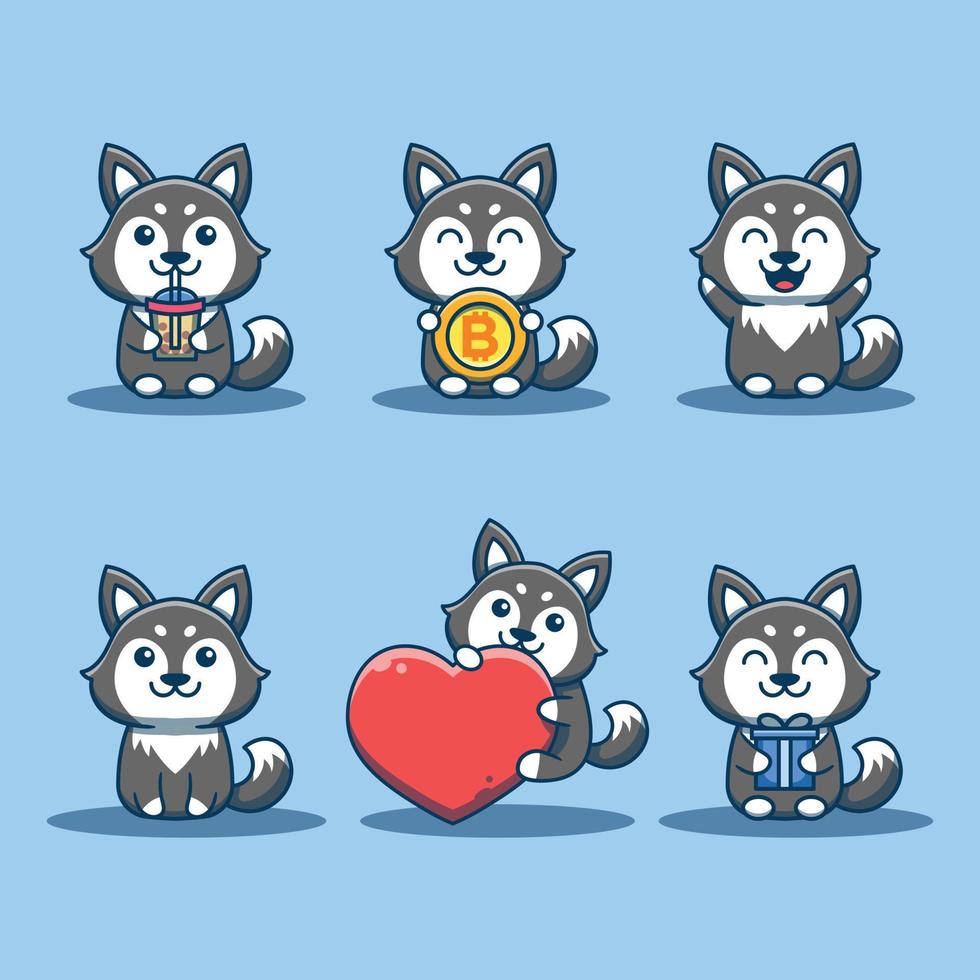 conjunto de mascote husky fofo ilustração do ícone dos desenhos animados vetor