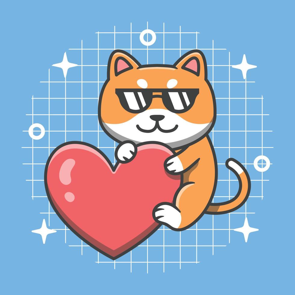 personagem de gato fofo usando óculos abraçando ilustração de ícone de desenho animado de coração grande vetor