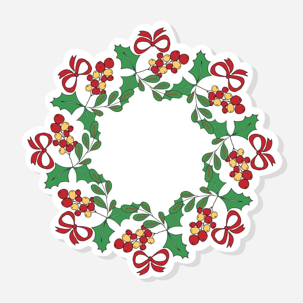 guirlanda de natal com laço vermelho, bagas de azevinho e folhas, doodle de adesivo para design de decoração de celebração. adesivo de natal em estilo cartoon. ano novo doodle ilustração vetorial. objeto isolado. vetor