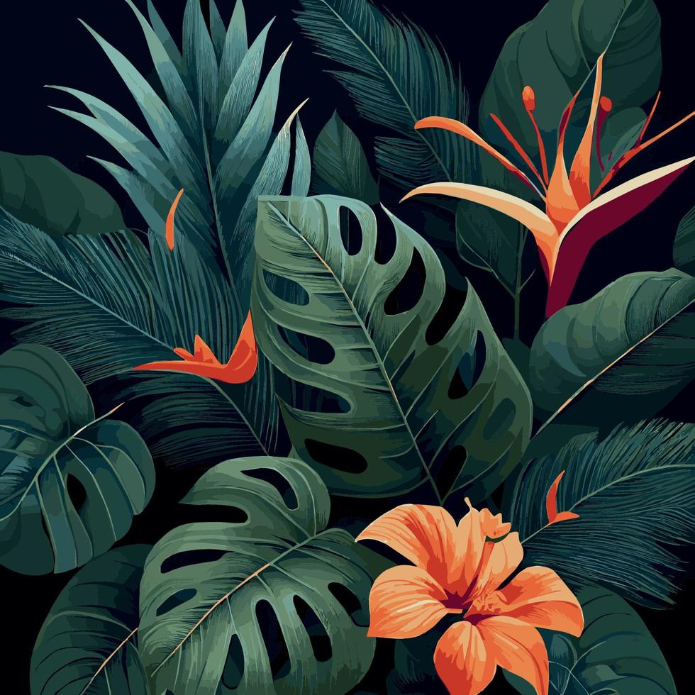 fundo verde floresta tropical monstera folhas, folhas de palmeira, galhos. fundo de plantas exóticas para banner, modelo, decoração, cartão postal. folhagem abstrata e papel de parede botânico - vector