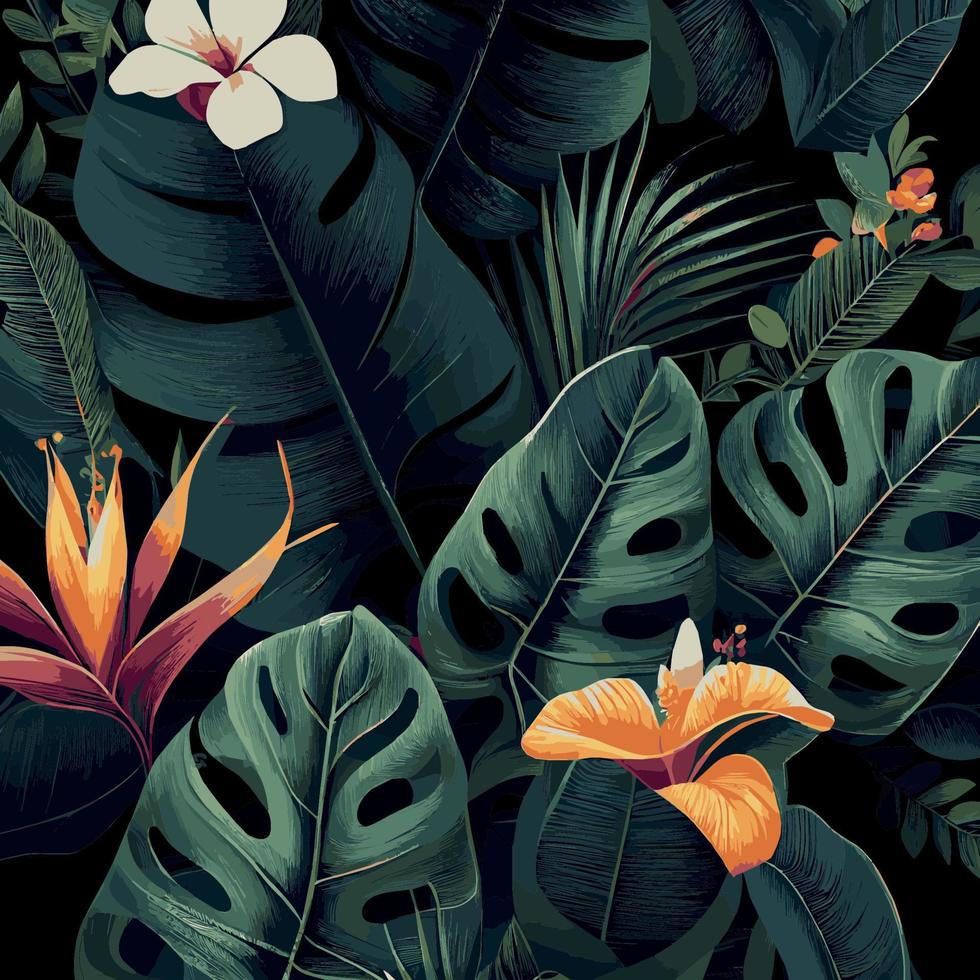 fundo verde floresta tropical monstera folhas, folhas de palmeira, galhos. fundo de plantas exóticas para banner, modelo, decoração, cartão postal. folhagem abstrata e papel de parede botânico - vector