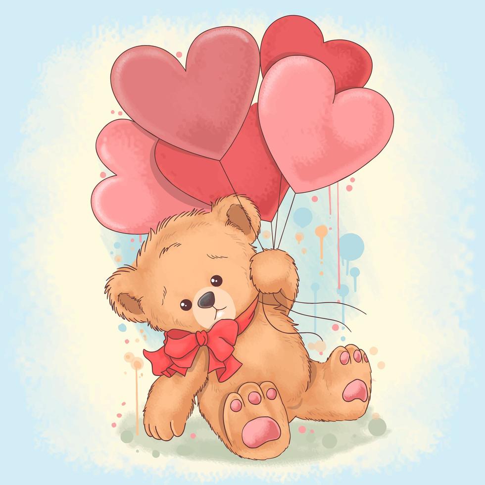 urso de pelúcia segura um balão em forma de coração de amor. este vetor usa um estilo de pintura em aquarela