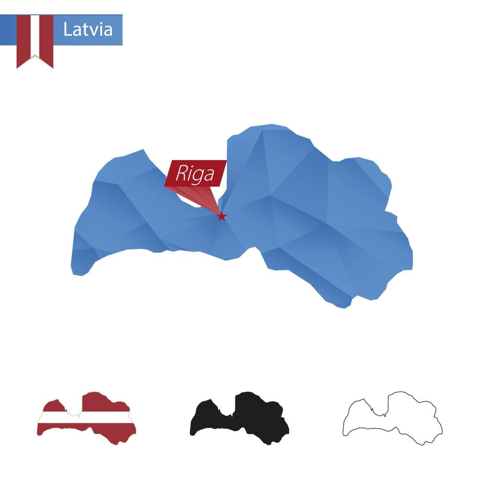 Letônia mapa de baixo poli azul com capital riga. vetor