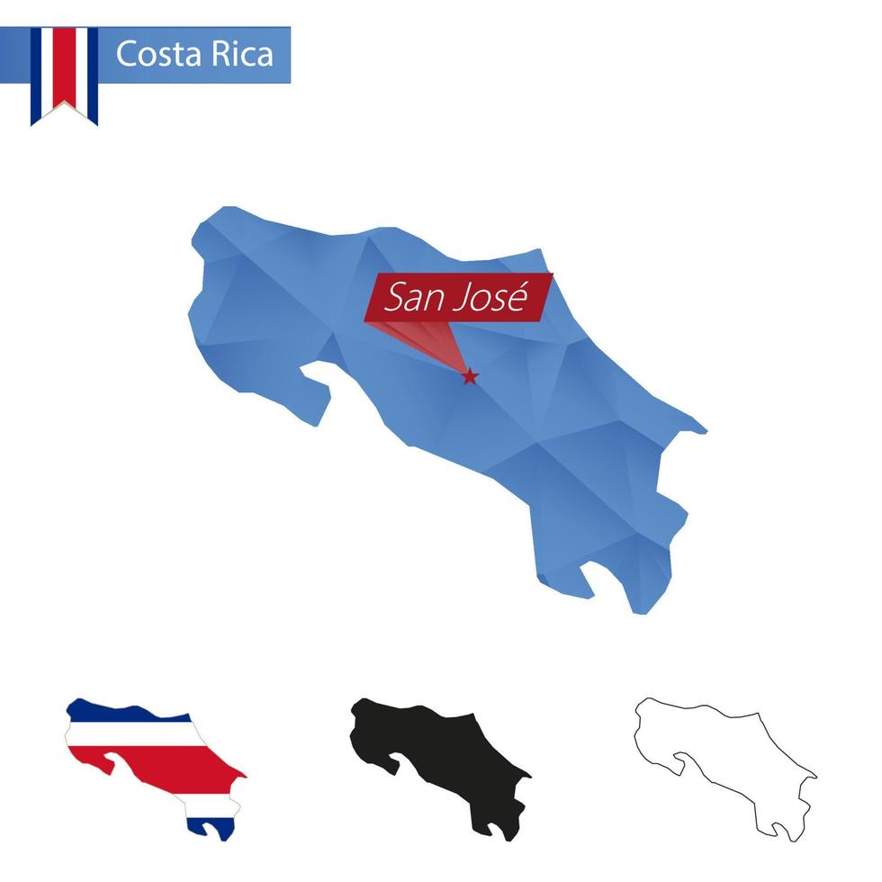 mapa de baixo poli azul da costa rica com capital san josé. vetor