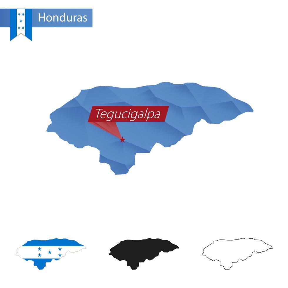 mapa de baixo poli azul de honduras com capital tegucigalpa. vetor