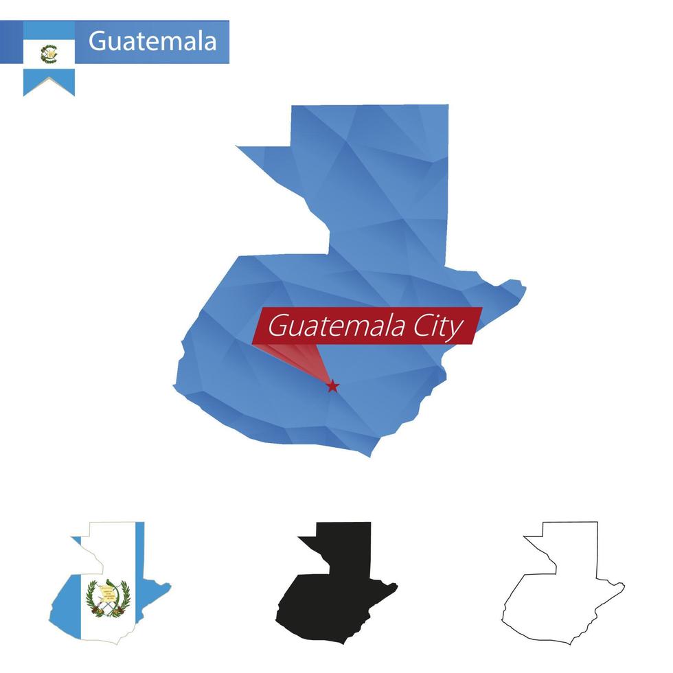 mapa de baixo poli azul da guatemala com capital cidade da guatemala. vetor