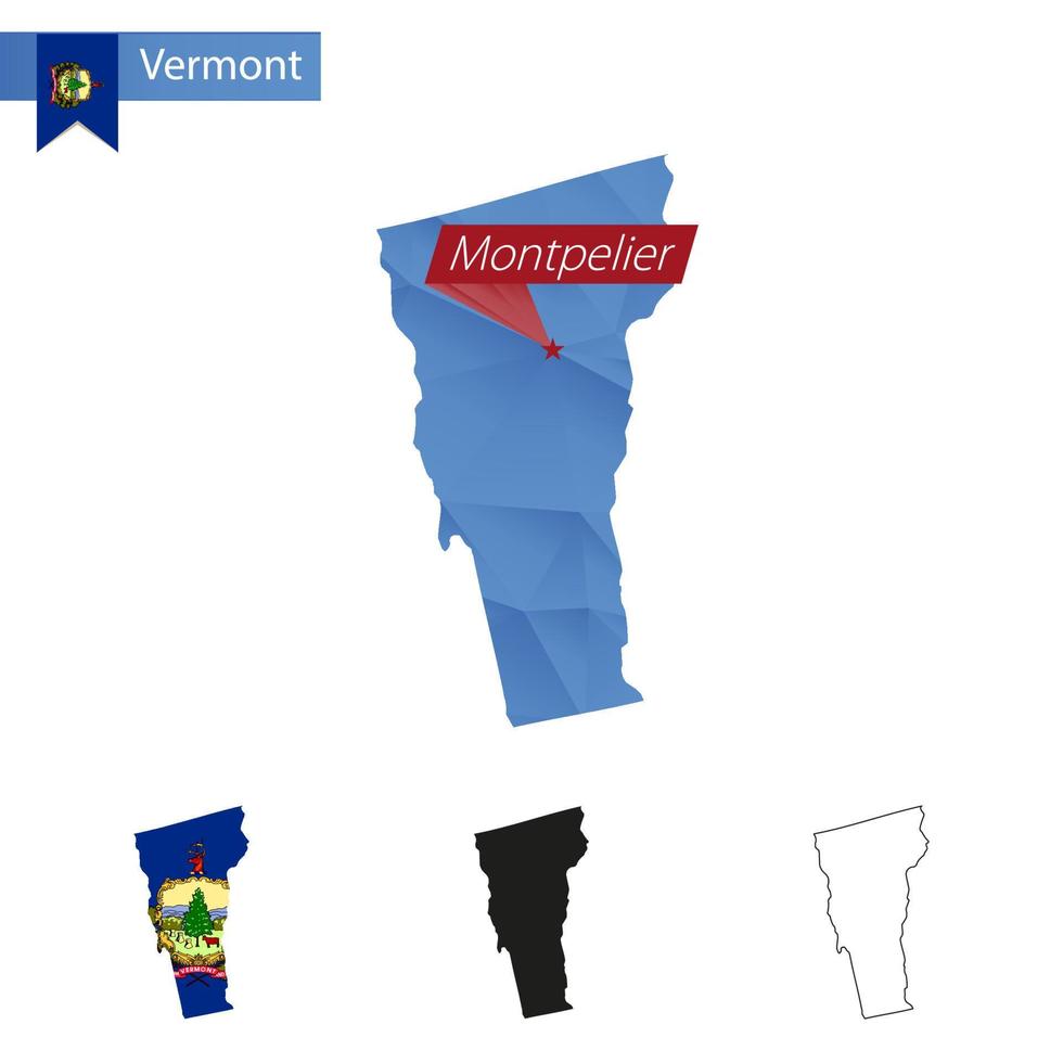 mapa de baixo poli azul do estado de vermont com capital montpelier. vetor